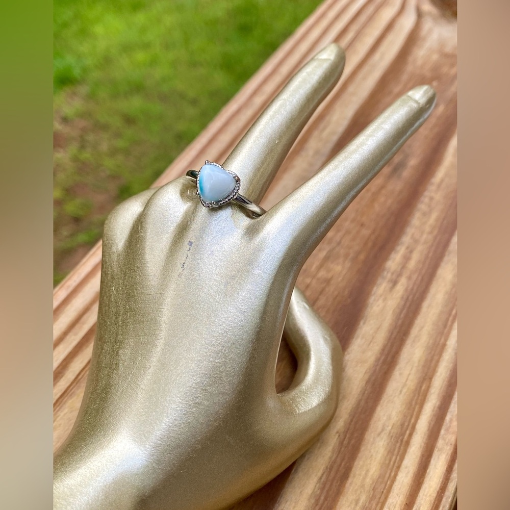 Blue Dominican Larimar Heart Adjustable Stainless Steel Ring